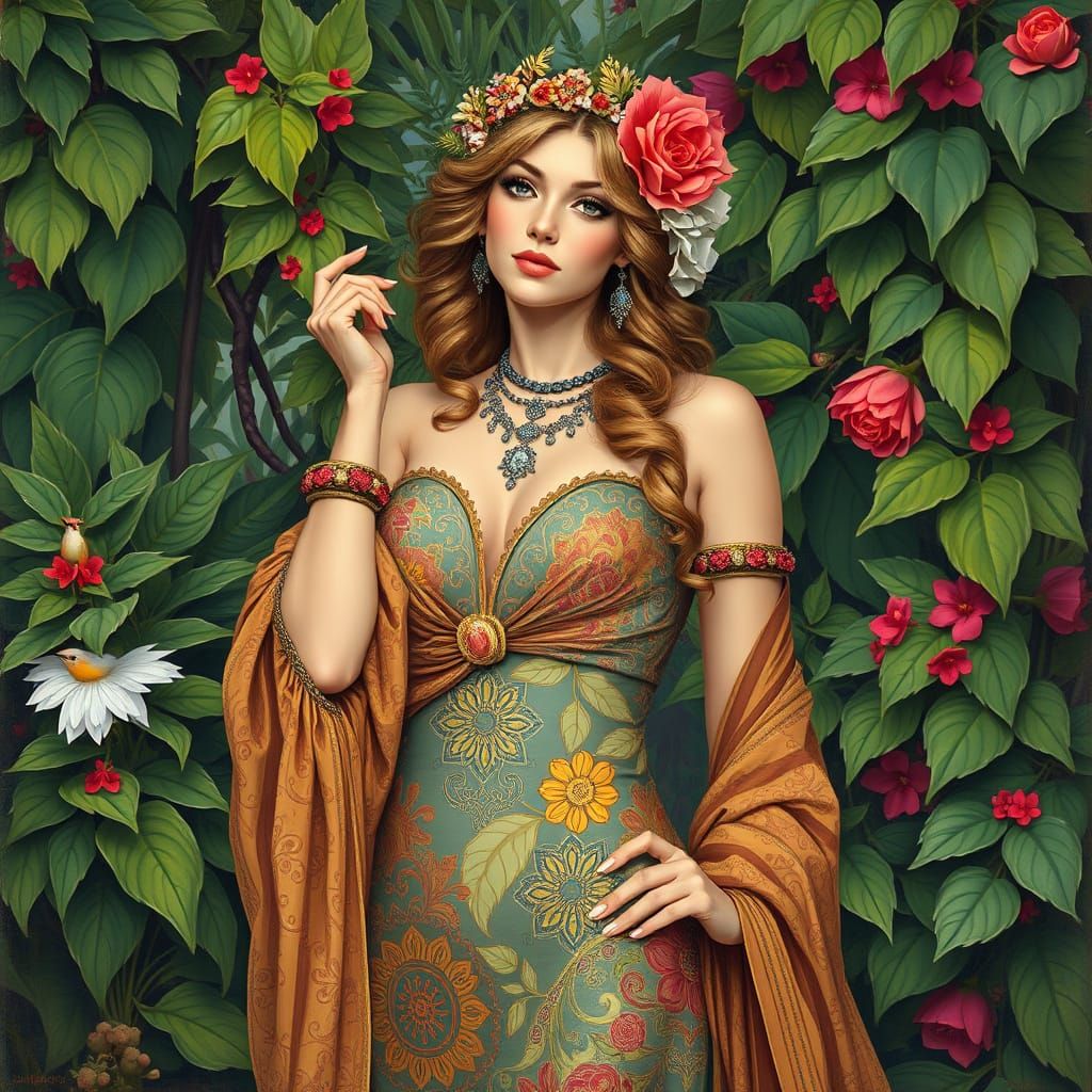 Elegant Woman Surrounded by Whimsical Greenery in Art Nouvea...