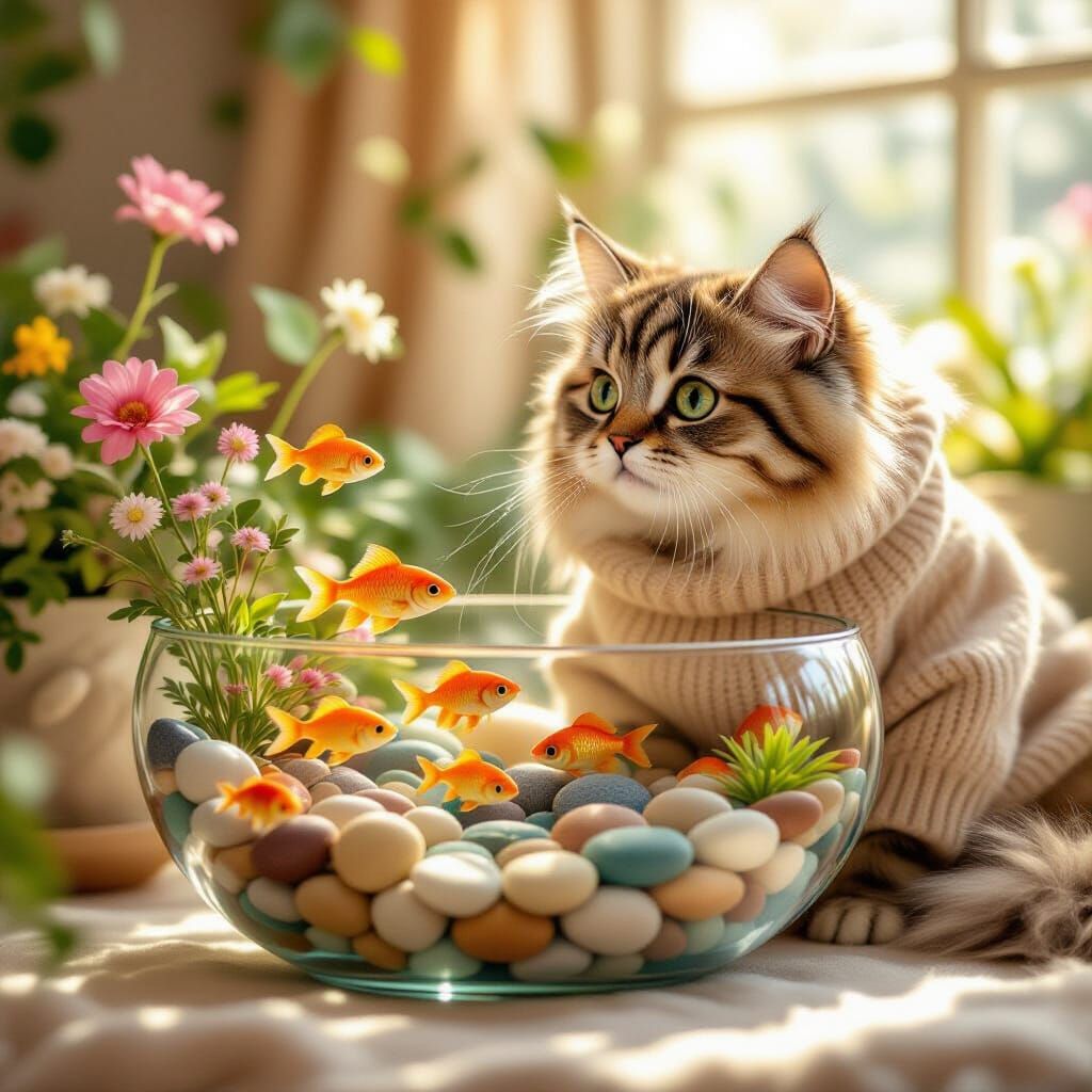 Cute Cat Watches Colorful Fish in Dreamy Pastel Style