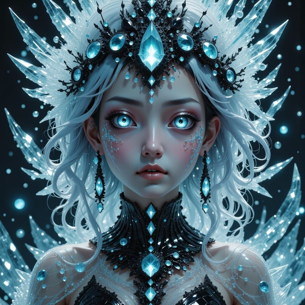 <lora:Glass Aesthetics Fx:1.0>, Portraiture of ethereal frost snow-covered woman, auroral luminescence infused in delicate facial features,...