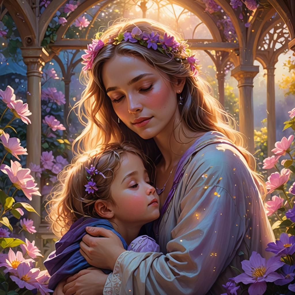 Mother and Child Embrace in Fantasy Garden