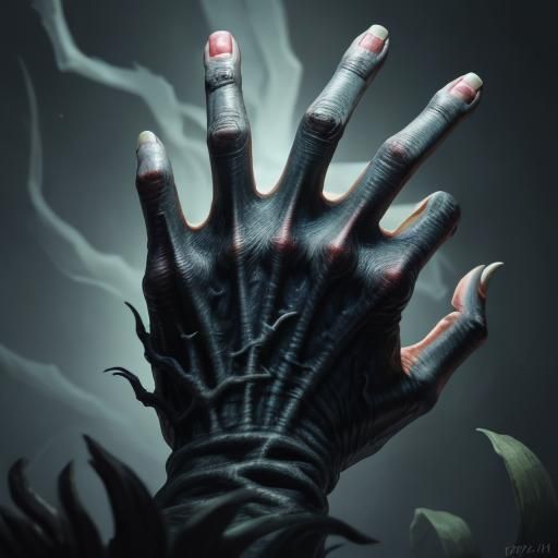hand of a creature, three very long fingers, swollen joints,...