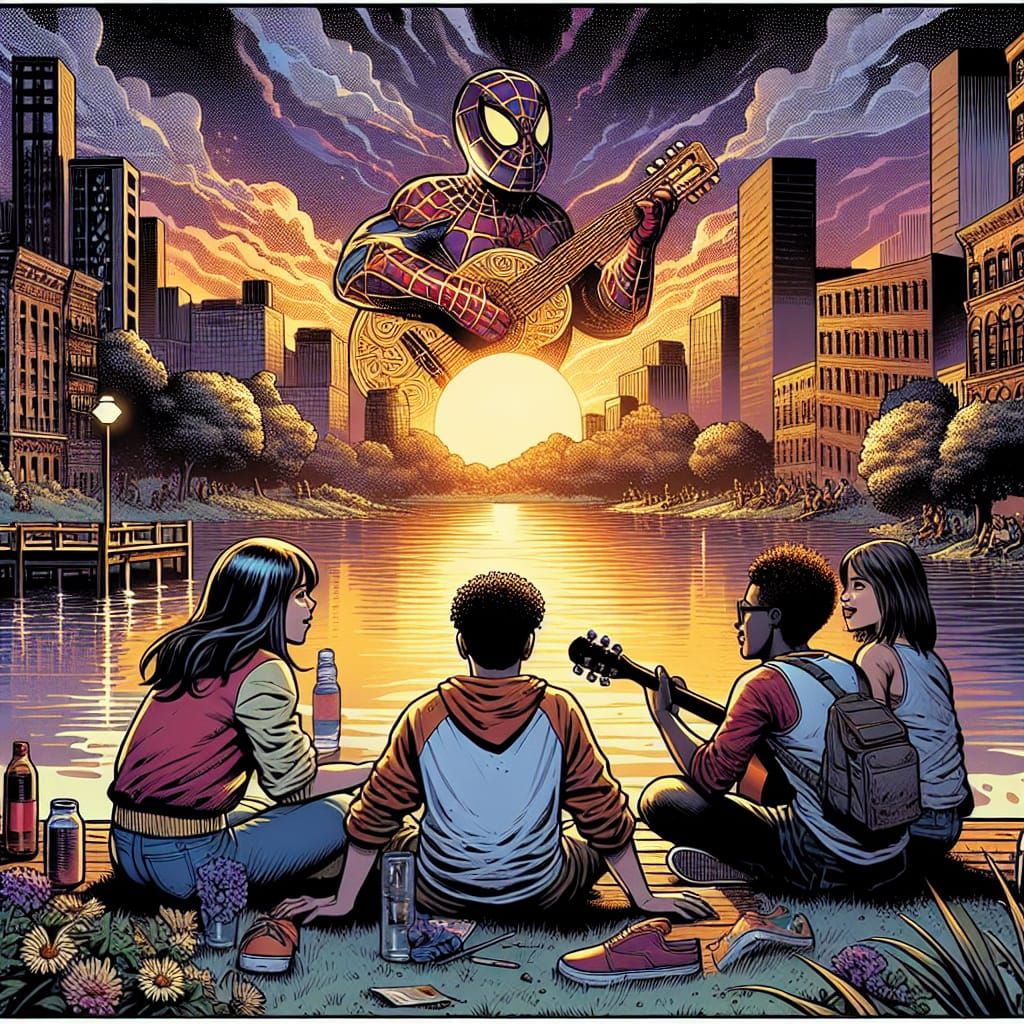 Modern Comic Book panel of a  four young people sitting whil...