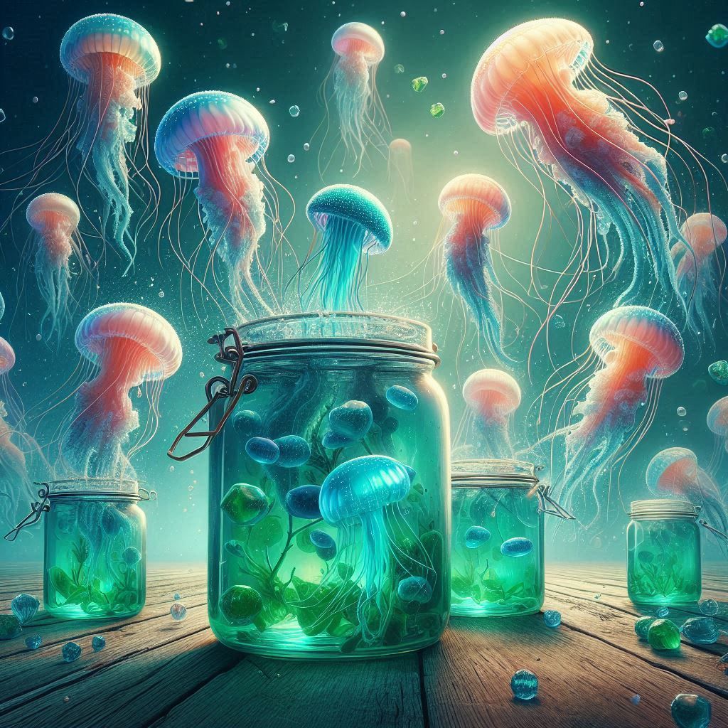 Jumpy jellyfish juggle jade jellies joyfully in jagged jars.