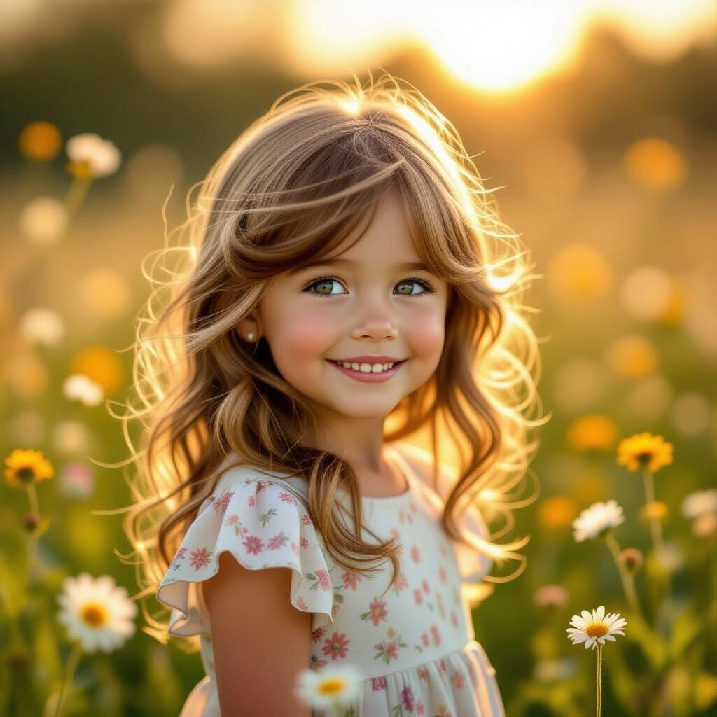 Beautiful Girl in Sun-Drenched Wildflower Meadow