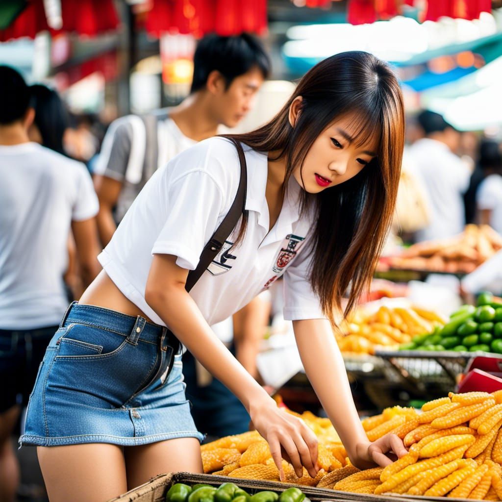 Stunning Japanese 20 year old in short jean skirt and knot tied white tee  shirt. Bending over examining Thai outdoor food market : r/nightcafe