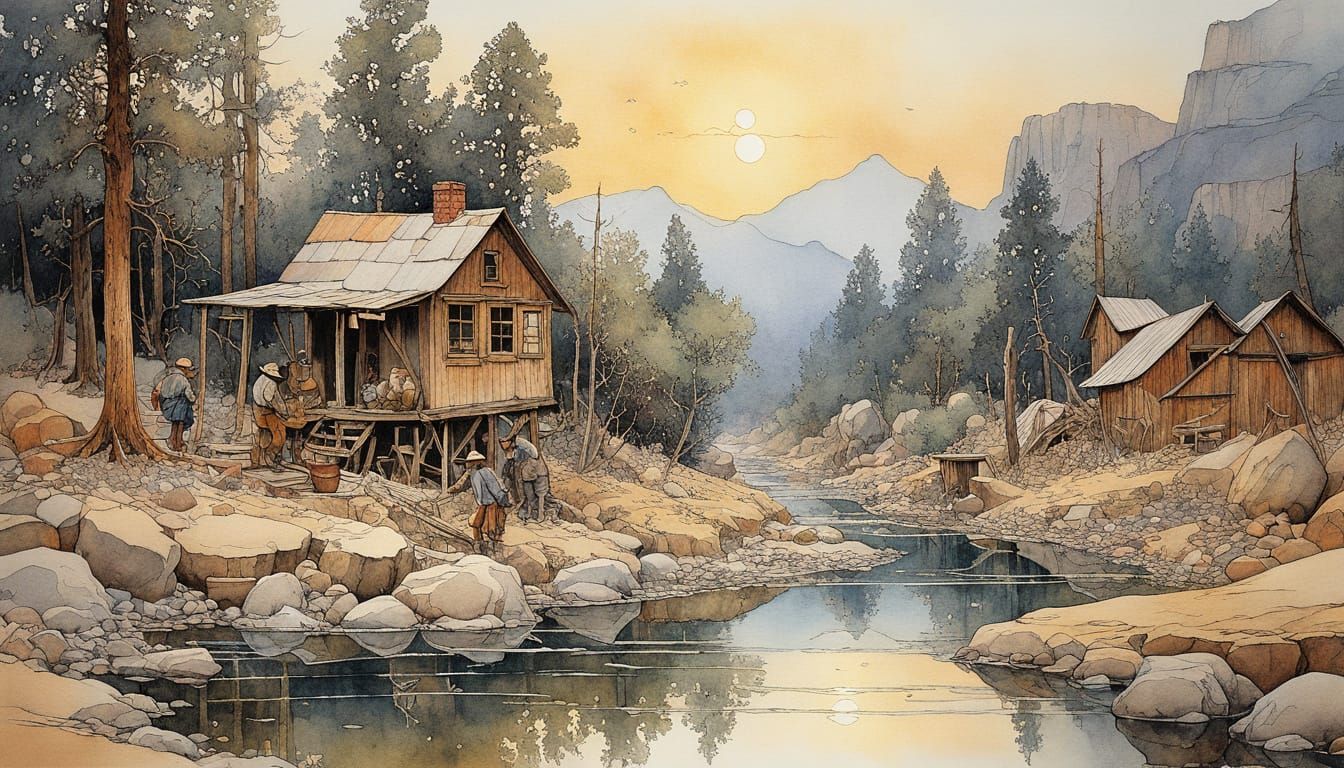 Old West Gold Prospectors in Dreamy Watercolor Landscape