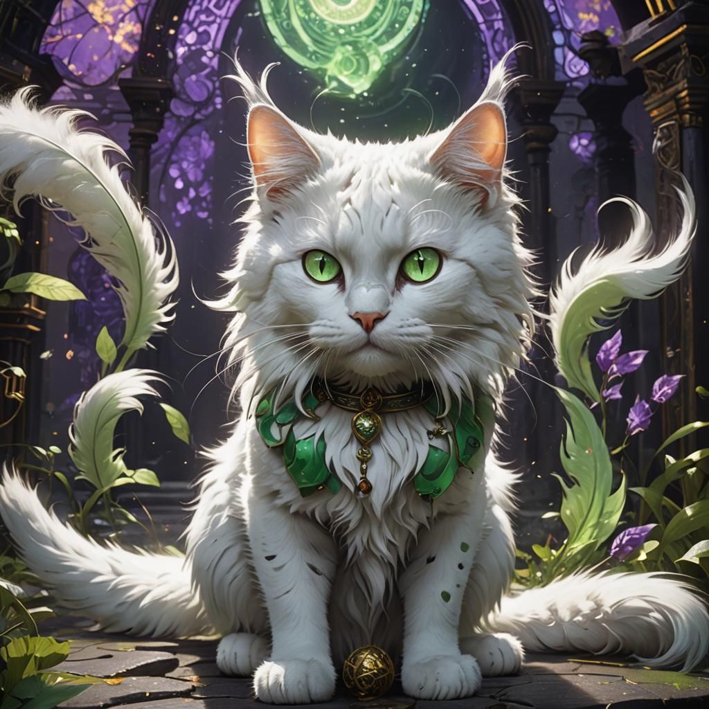 A cat with three tails and green eyes and white fur