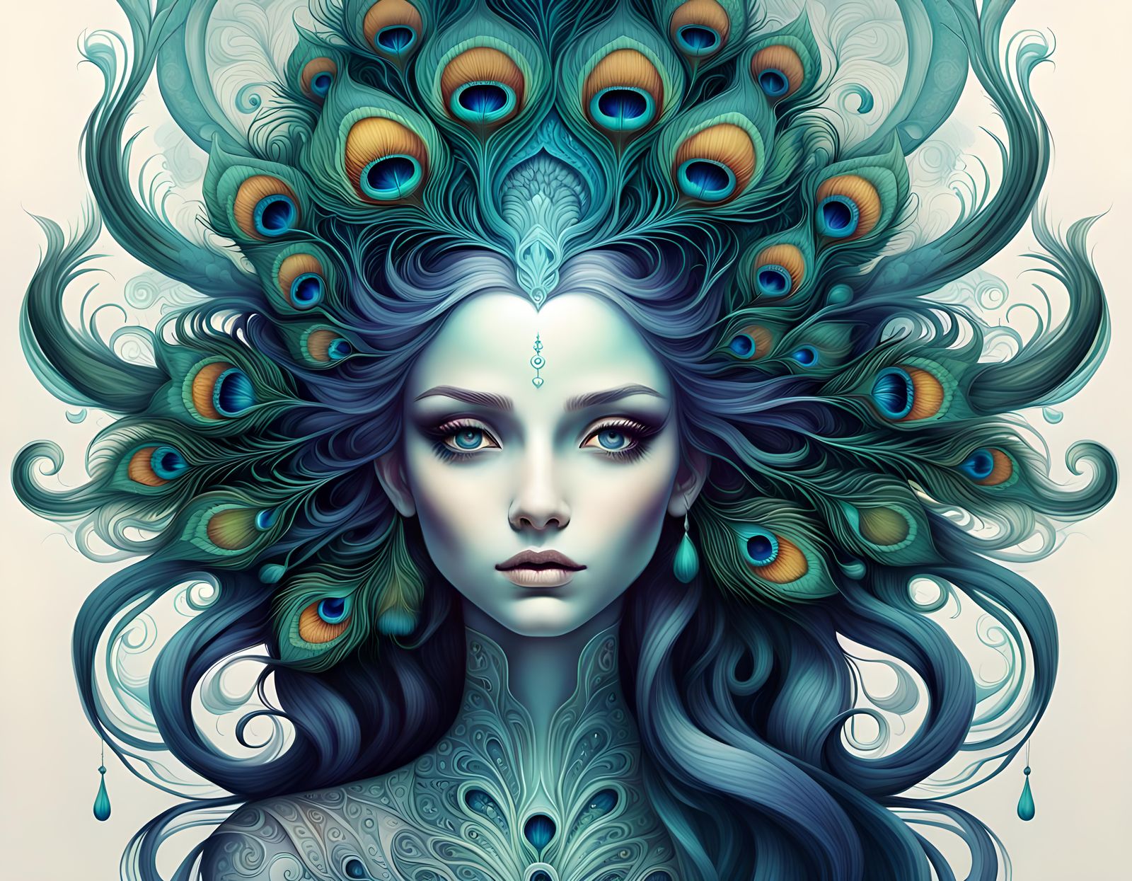 Psychedelic Nature Goddess with Peacock Hair