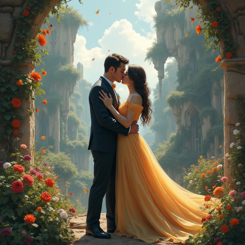 Romantic Couple Kissing in Fantasy Landscape