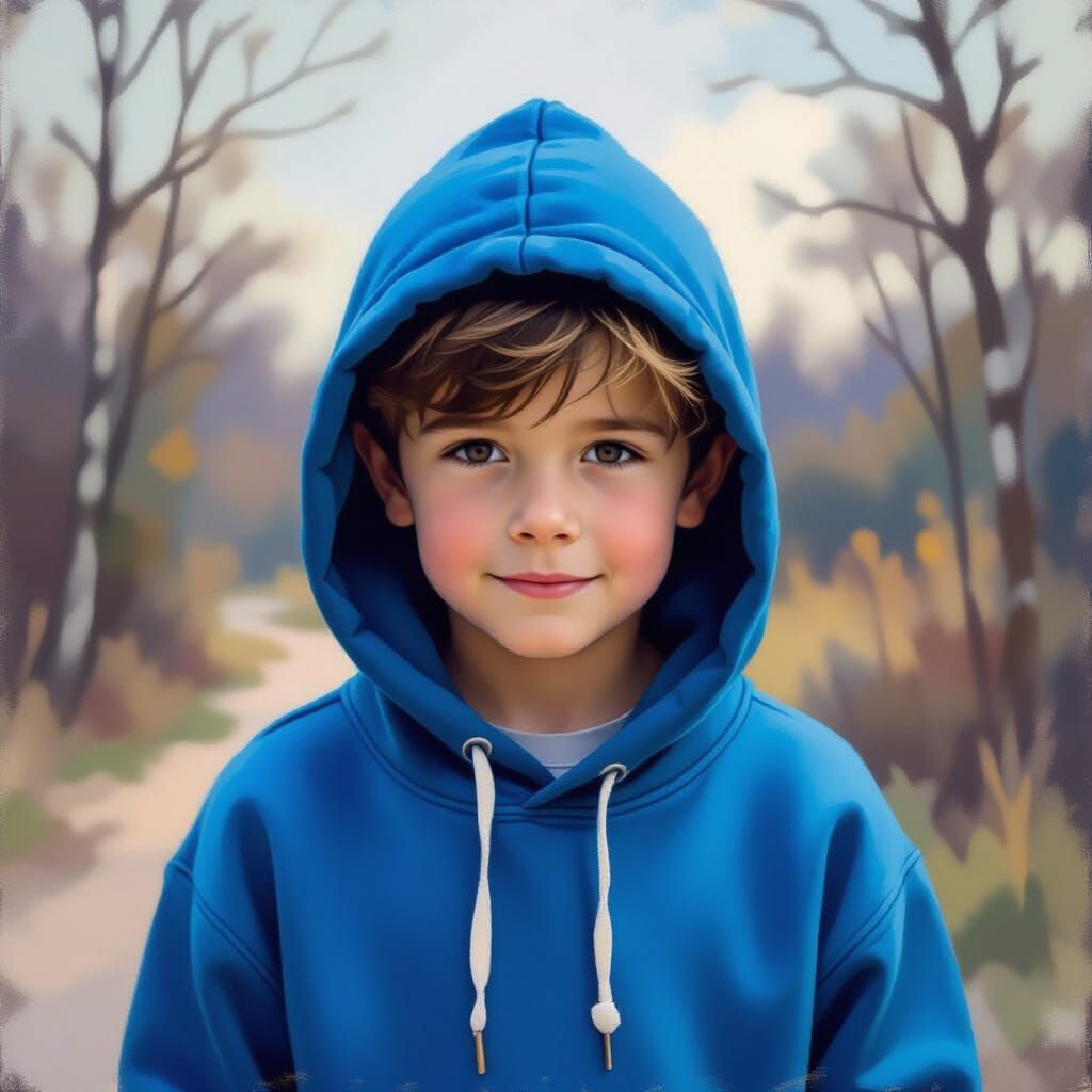 Boy in Blue Hoodie, Soft Light, Painterly Style