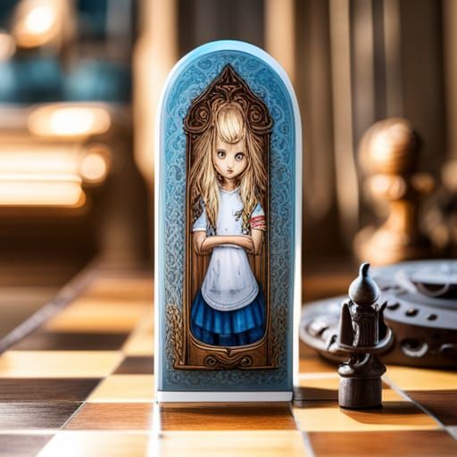 hyperdetailed Alice in Wonderland card chess piece