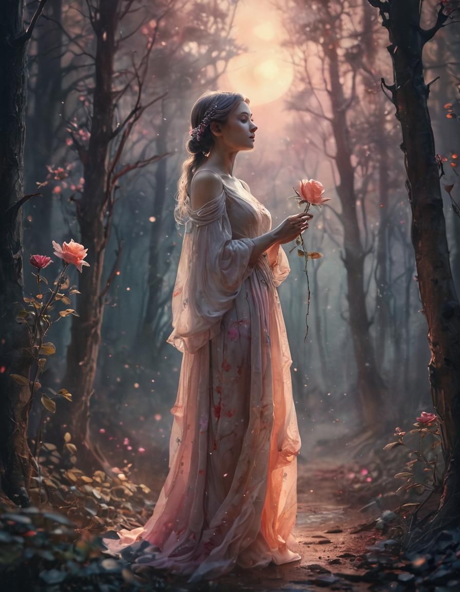 Watercolour, Vivid rose under cosmic moonlight