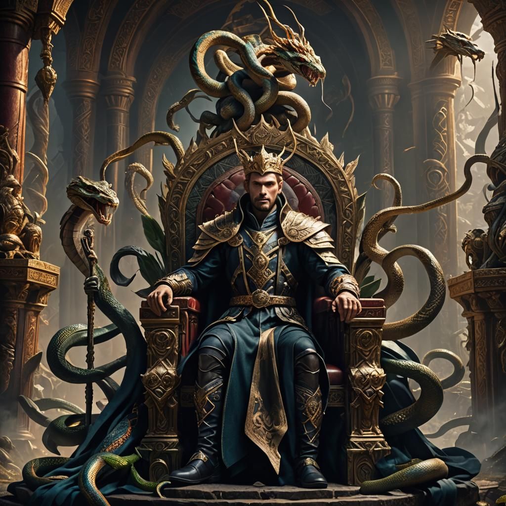 A human with snake like attributes on a throne with a snake ...
