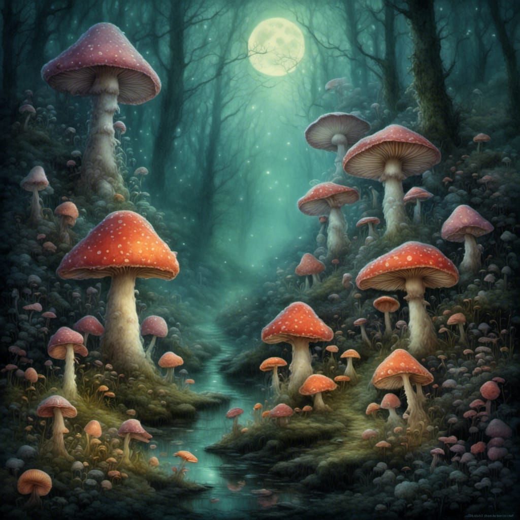 <lora:Eerie Mist:1.0> mushroom people