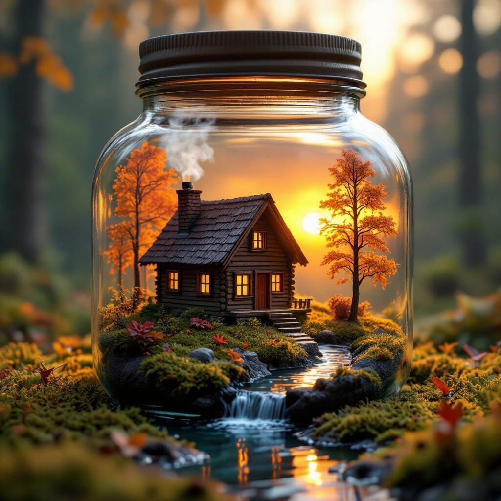 A cozy, rustic cabin with a smoking chimney, situated on a patch of mossy ground within an ornate glass jar.