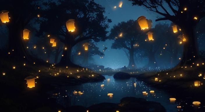 Fireflies dance under a serene night sky, while branches int...