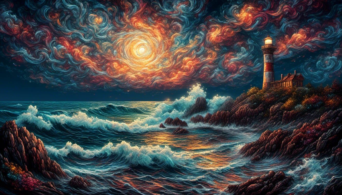 Seascape at night, lighthouse at sea