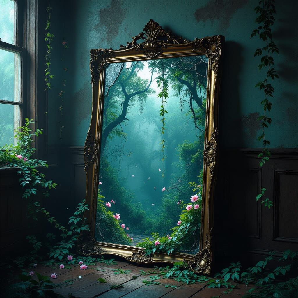 Vines creep out of a cracked antique mirror, their tendrils adorned with delicate blossoms. The mirror ...  by @Think Nicely