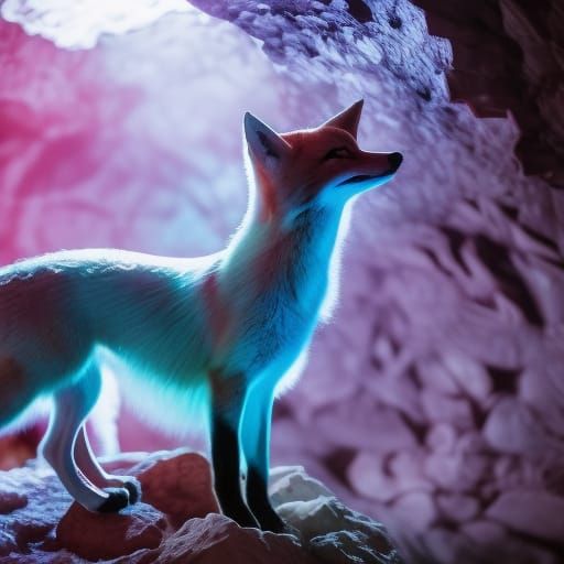 fox with bioluminescent fur in a crystal cave, clear features ...