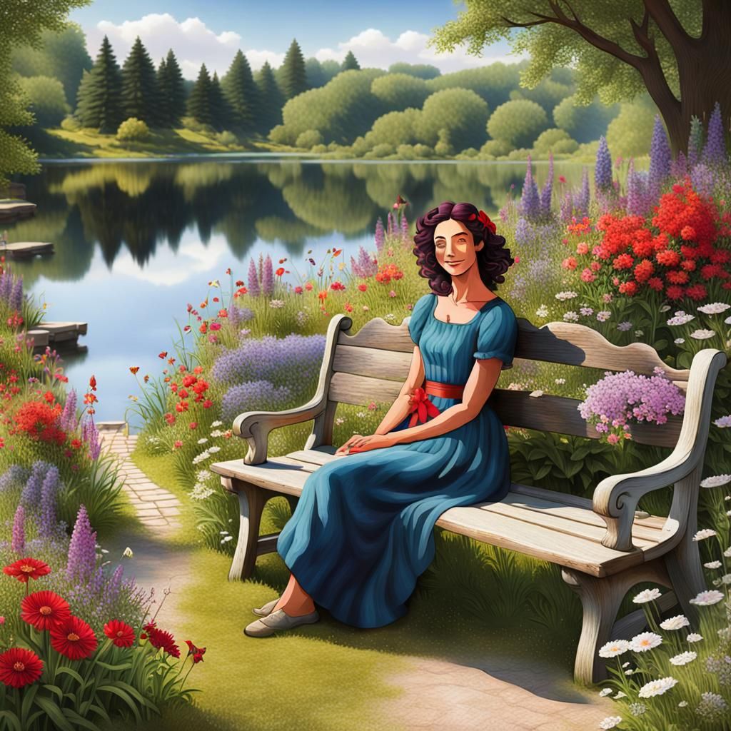 A quaint garden scene, complete with a rustic wooden bench a...
