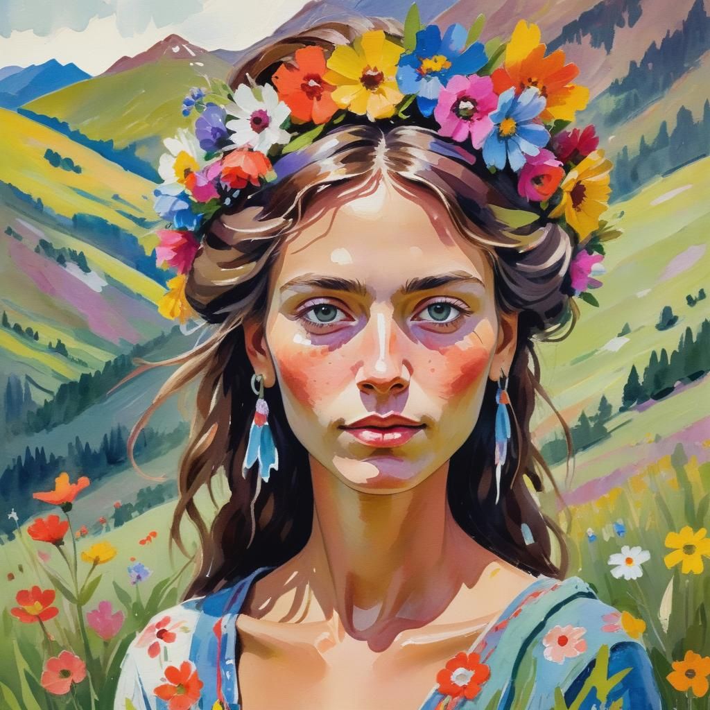 Boho Woman in Mountain Meadow: Impressionist Gouache Portrai...