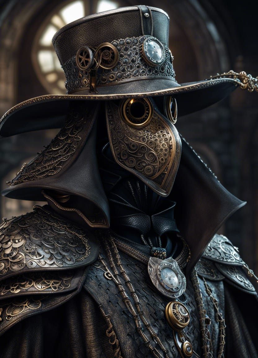 plague doctor, detailed chainmail armor made of lavish silve...