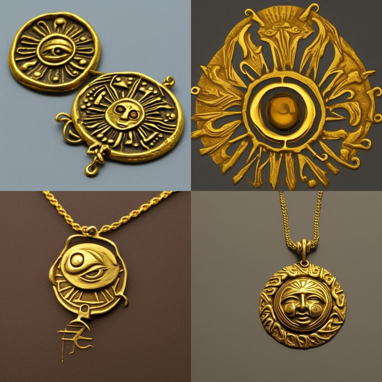 gold jewelry of an old Norse style sun icon with an eye in the center of it