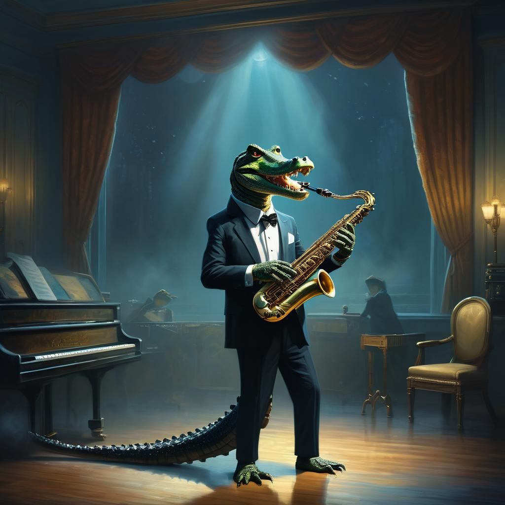 Aligator plays saxophone