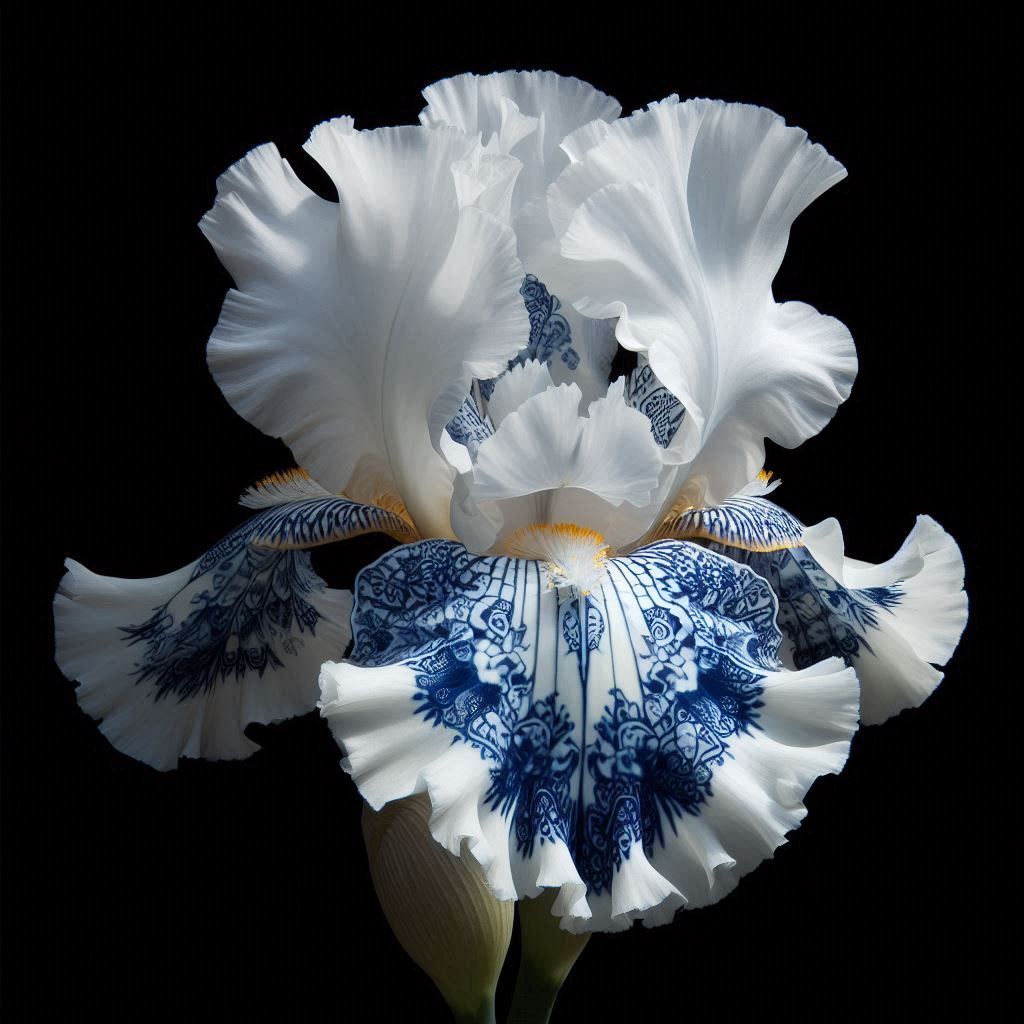 a white iris with a porcelain china pattern on its petals