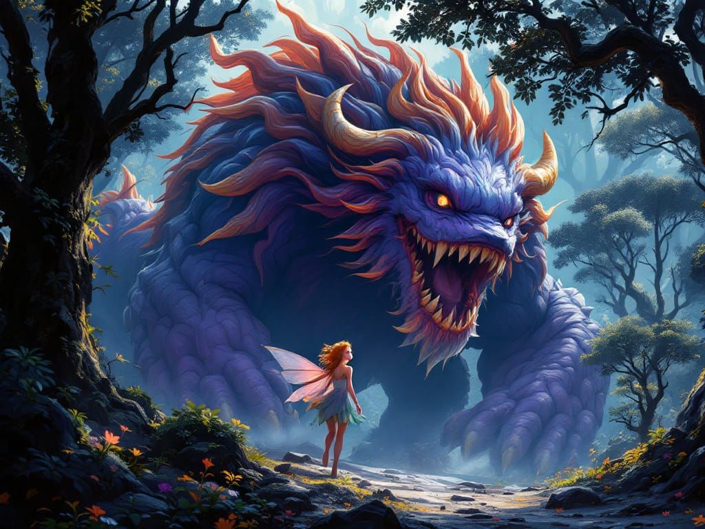  A photorealistic, 8k resolution masterpiece depicting a whimsical colossal beast with large horses wanders through a forest. A tiny beautif...