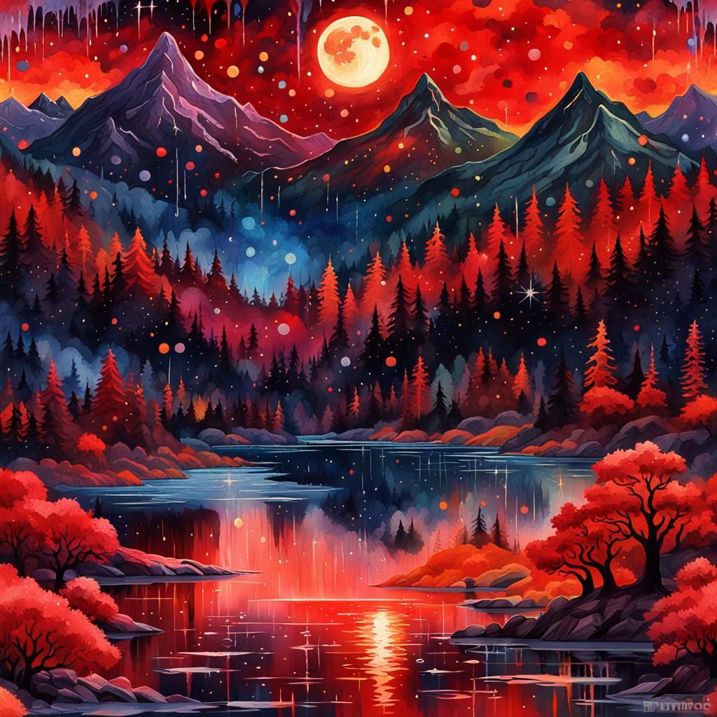 Dark Sinister Landscape Painting with Shooting Stars