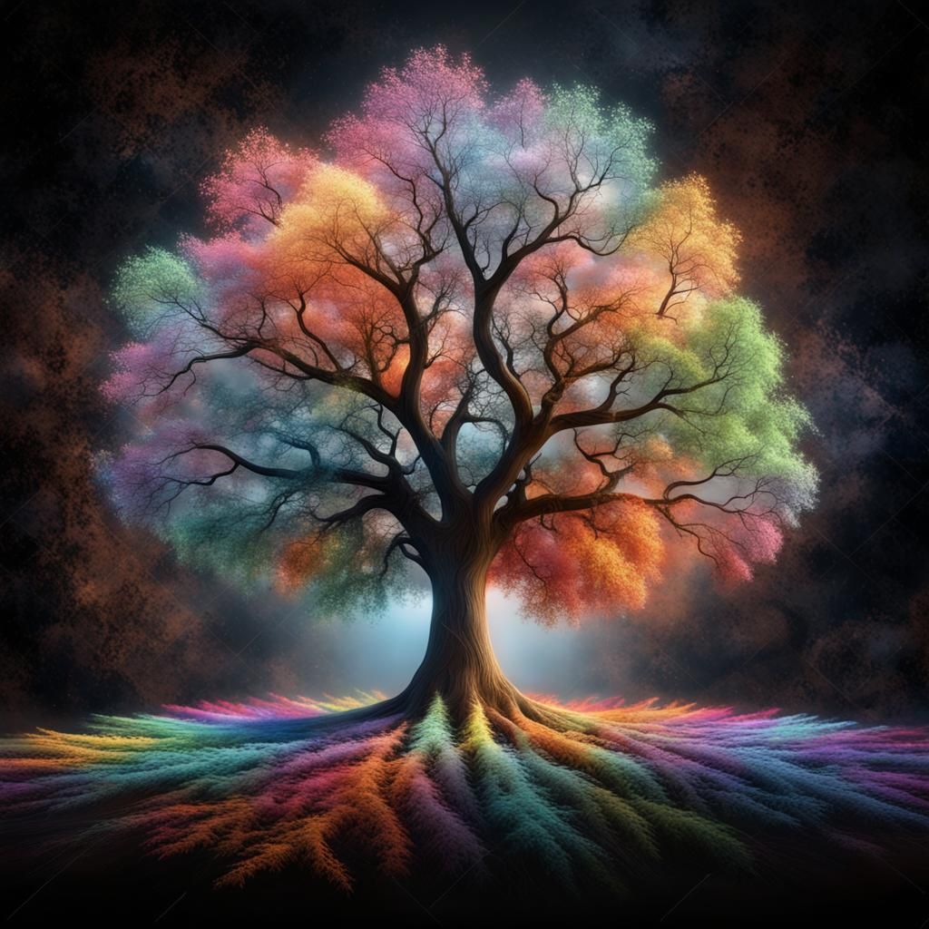 3D render of a majestic tree symbolizing unity and diversity, vibrant ...