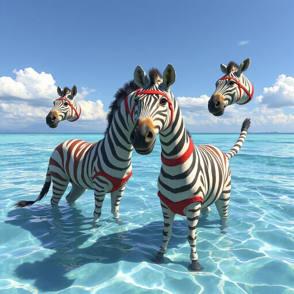 Zebras Wearing Red Striped Swimsuits  by @mightyminimoose