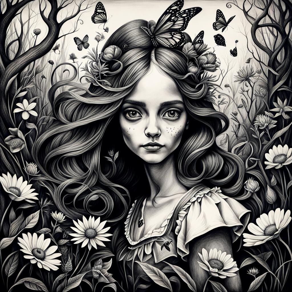 A charcoal drawing capturing the twisted beauty of Wonderlan...