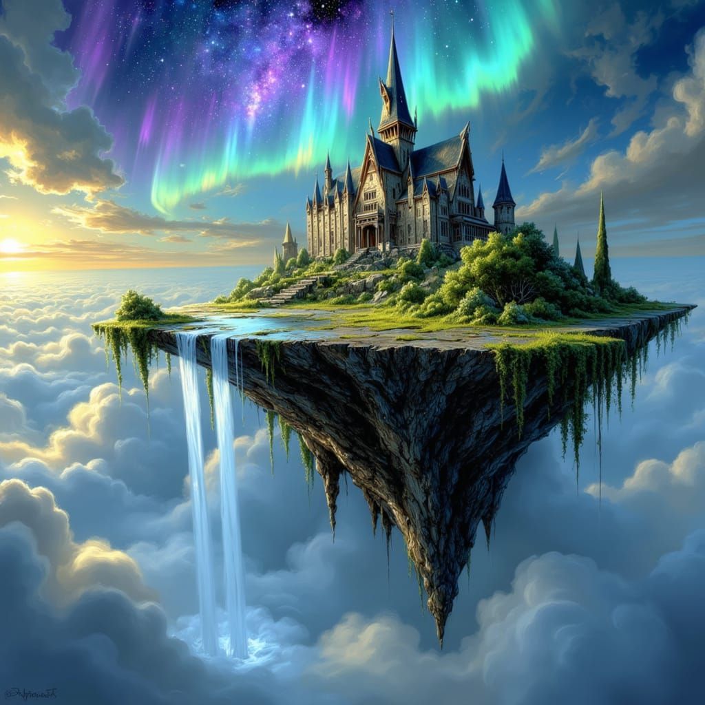 A grand medieval castle, its spires reaching towards a sky filled with aurora borealis, rests upon a ...  by @Susi