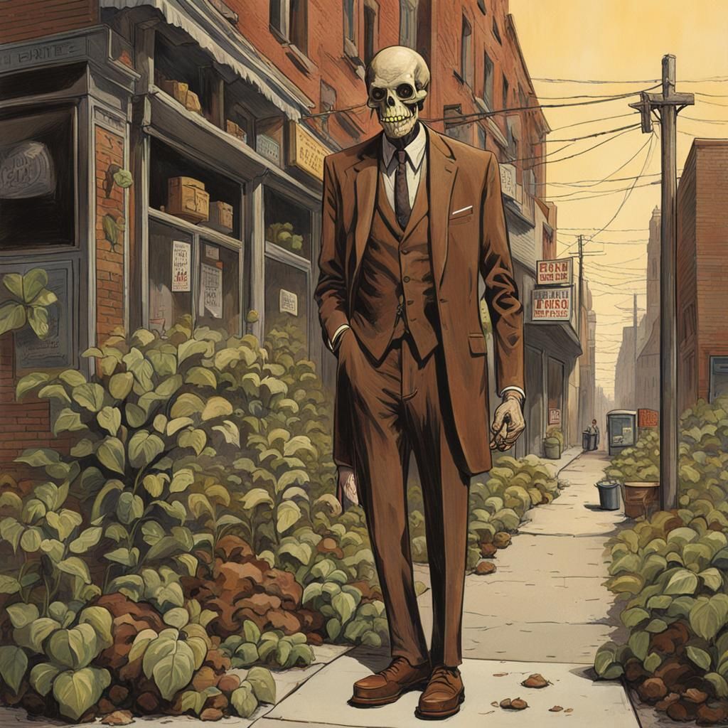 Skeletal Man walking through town, enjoying the day.