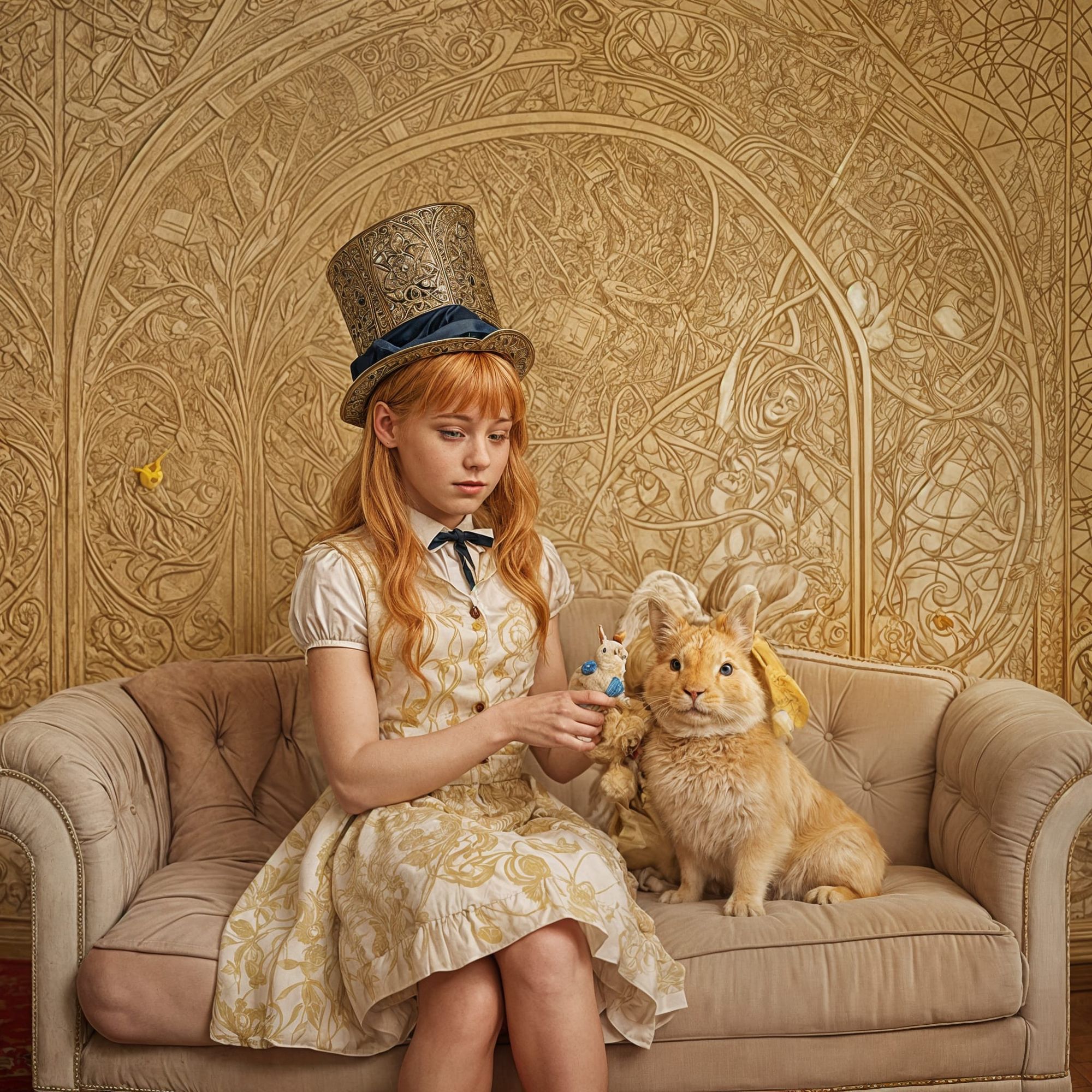 Handsome, muscular, blonde magician sitting with a little 4 year old girl with blue eyes and red hair. She is holding a stuffed yellow rabbi...
