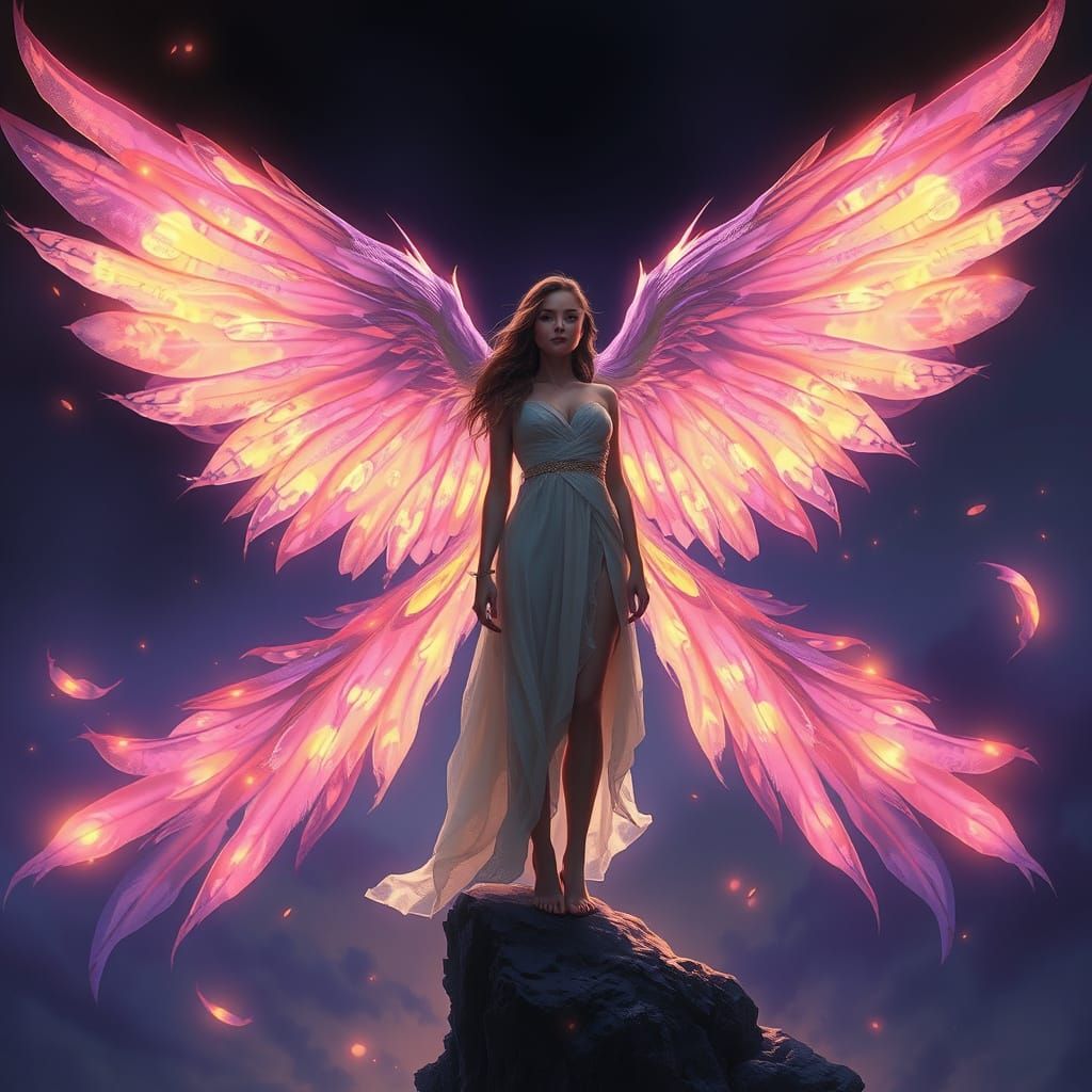 A captivating digital painting of a young woman standing at the edge of a cliff, her body surrounded ...  by @Kellys AI Kreations