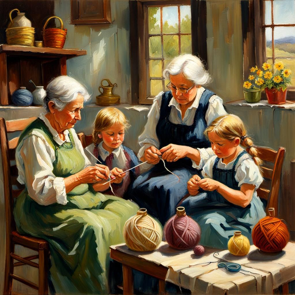 Aging adult nana teaching young children to knit.