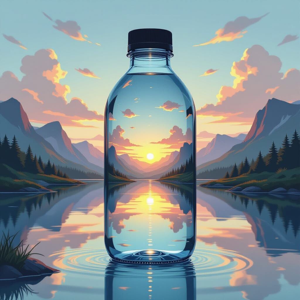 Scenic Landscape Reflected in Water Bottle