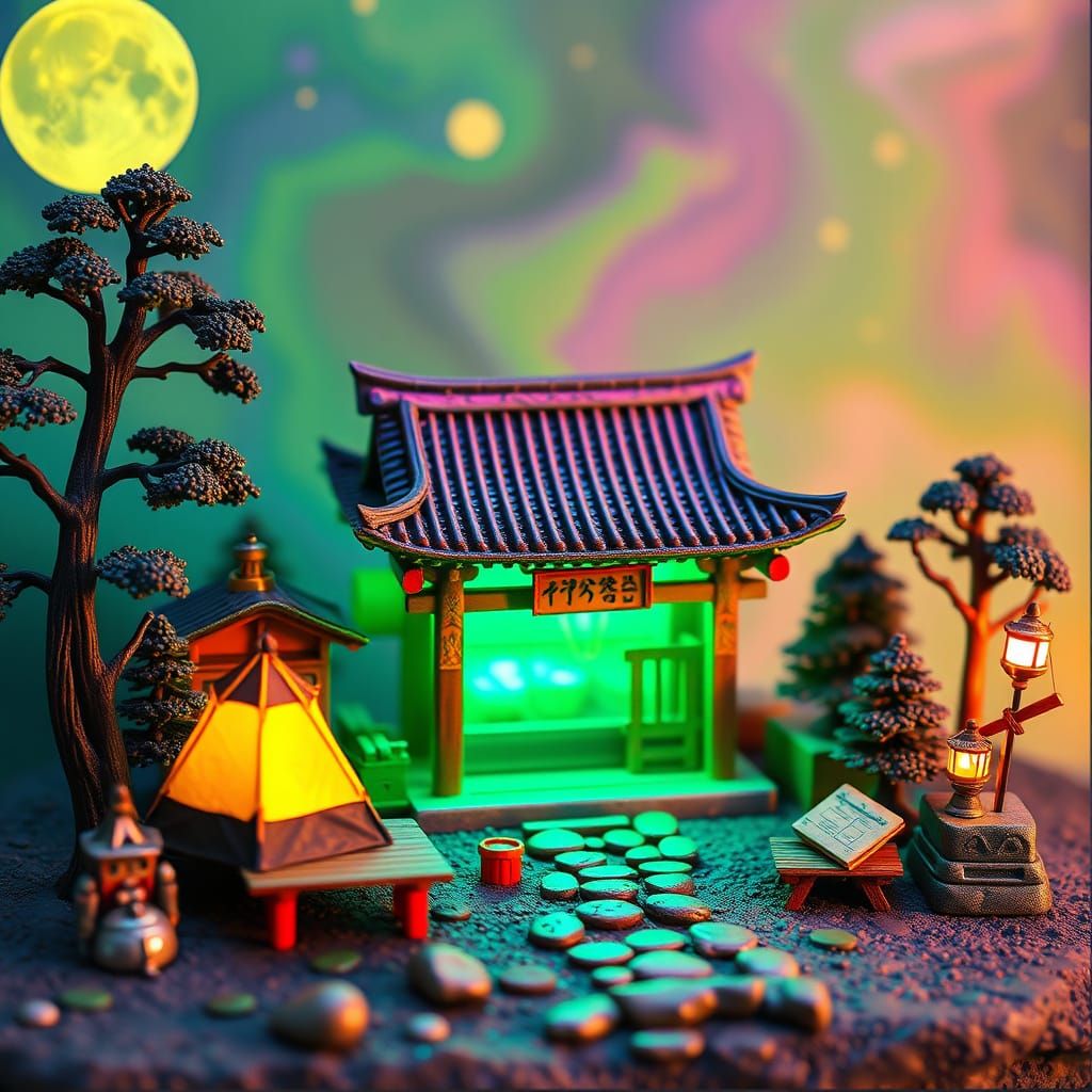 Neon Green Campsite: Iridescent Vaporwave Japanese Temple Di...