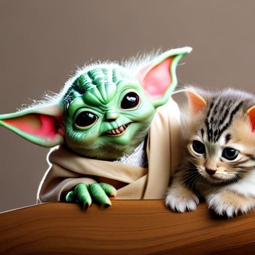 RAW photo, super fine detailed, photo, of cute baby yoda, with kitten ...