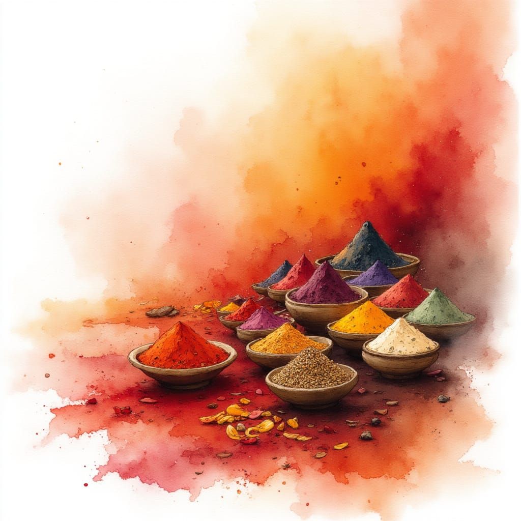 <lora:Watercolor on White:1.0>
A market stall full of spices, a watercolor painting on white paper with rich red, orange, and brown washes,...