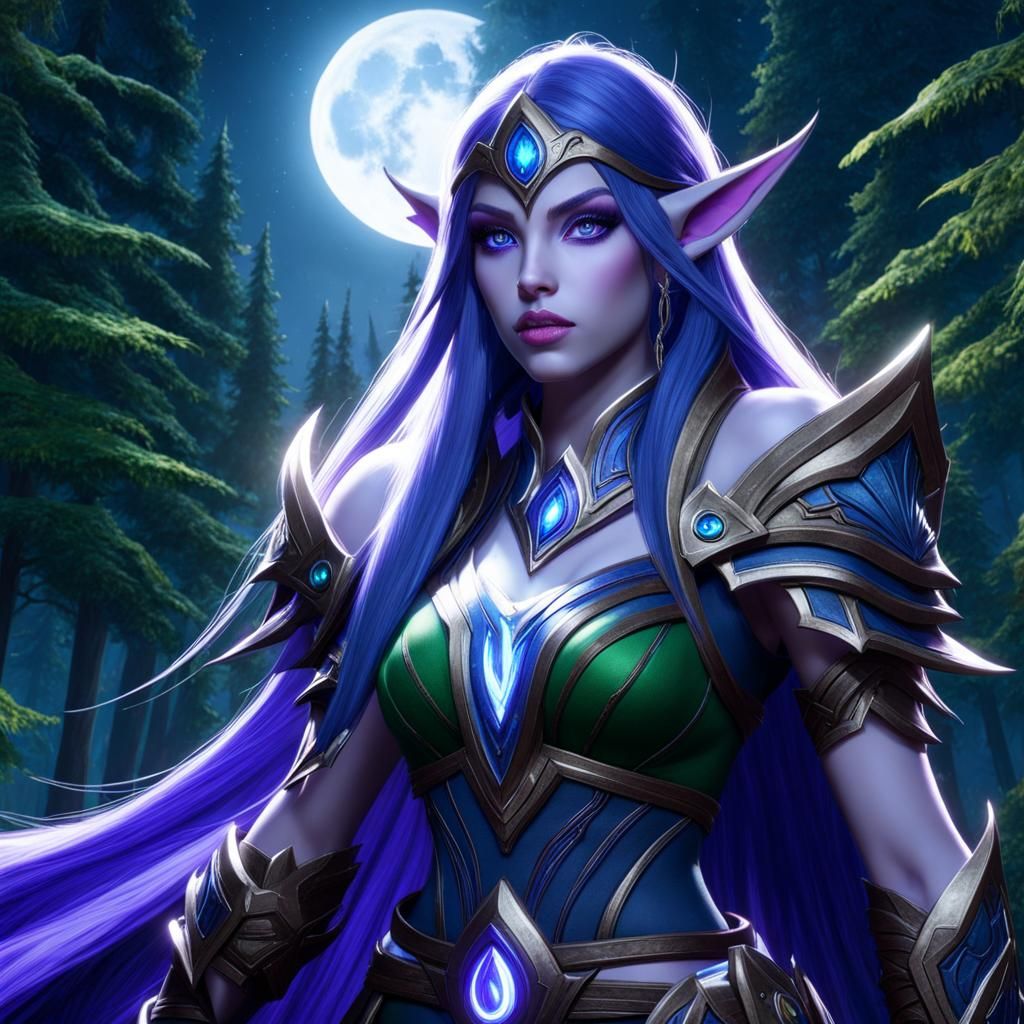 portrait, moonlight, Elune, night elf, Warcraft, photography, hyperreal ...