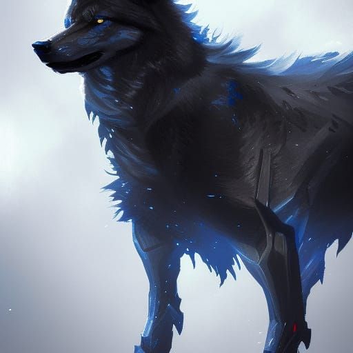 a black wolf with blue flames coming from his fur