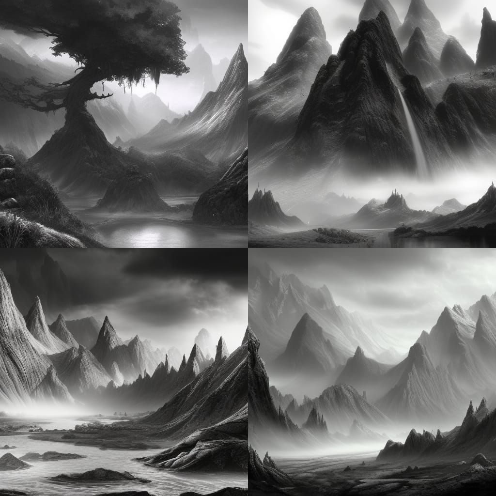 Beautiful misty mountain landscape black and white