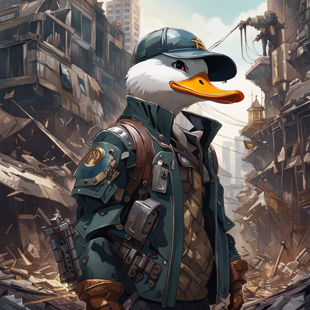 Mecha Duck in a destroyed city AI Generated Artwork NightCafe Creator