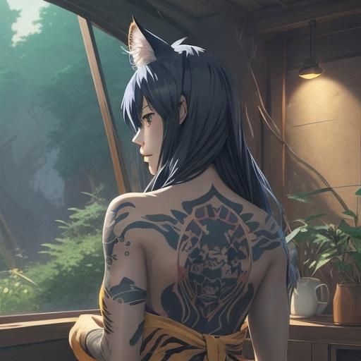 Neko Catgirl Tattoo Design in Anime Style