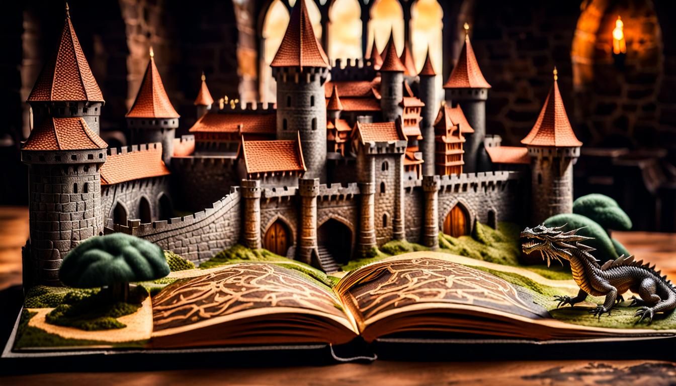 open pop-up book showing dragon and castles, medieval countr...