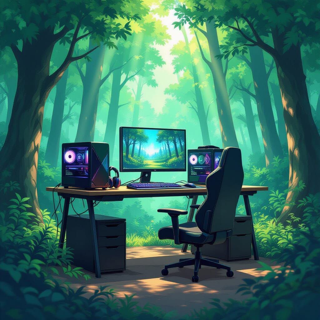 Gaming Setup in Enchanted Forest Anime Style